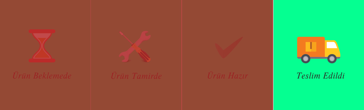 Sebil takip aşamaları: ürün beklemede, ürün tamirde, ürün hazır, teslim edildi